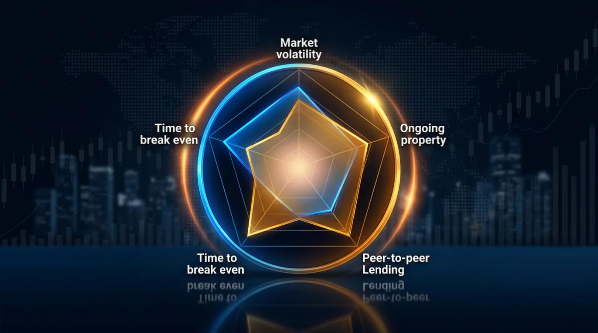 Risk comparison radar chart for passive income methods across volatility, effort, capital loss, and time to break even