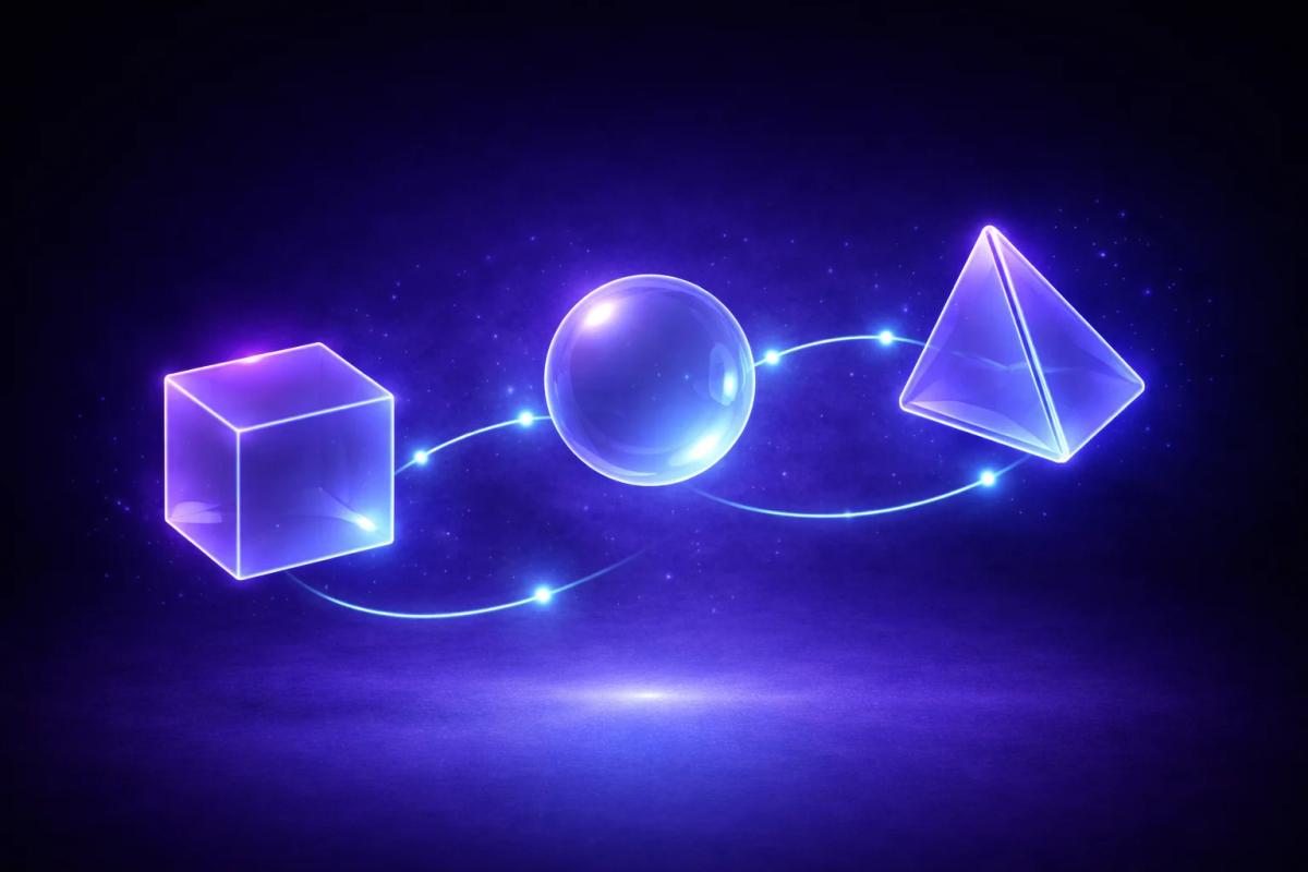 Tres bloques geométricos 3D en secuencia conectados por líneas de luz cian representando las tres fases de la rutina