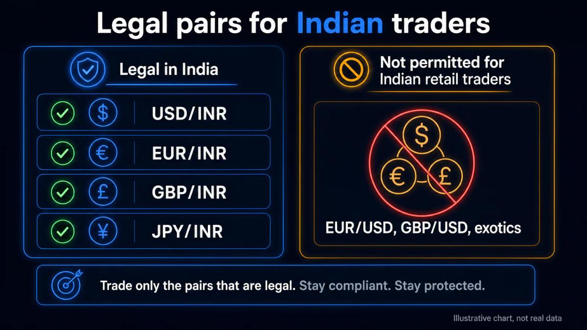 Four permitted currency pairs listed with checkmarks, three prohibited pairs with prohibition symbols