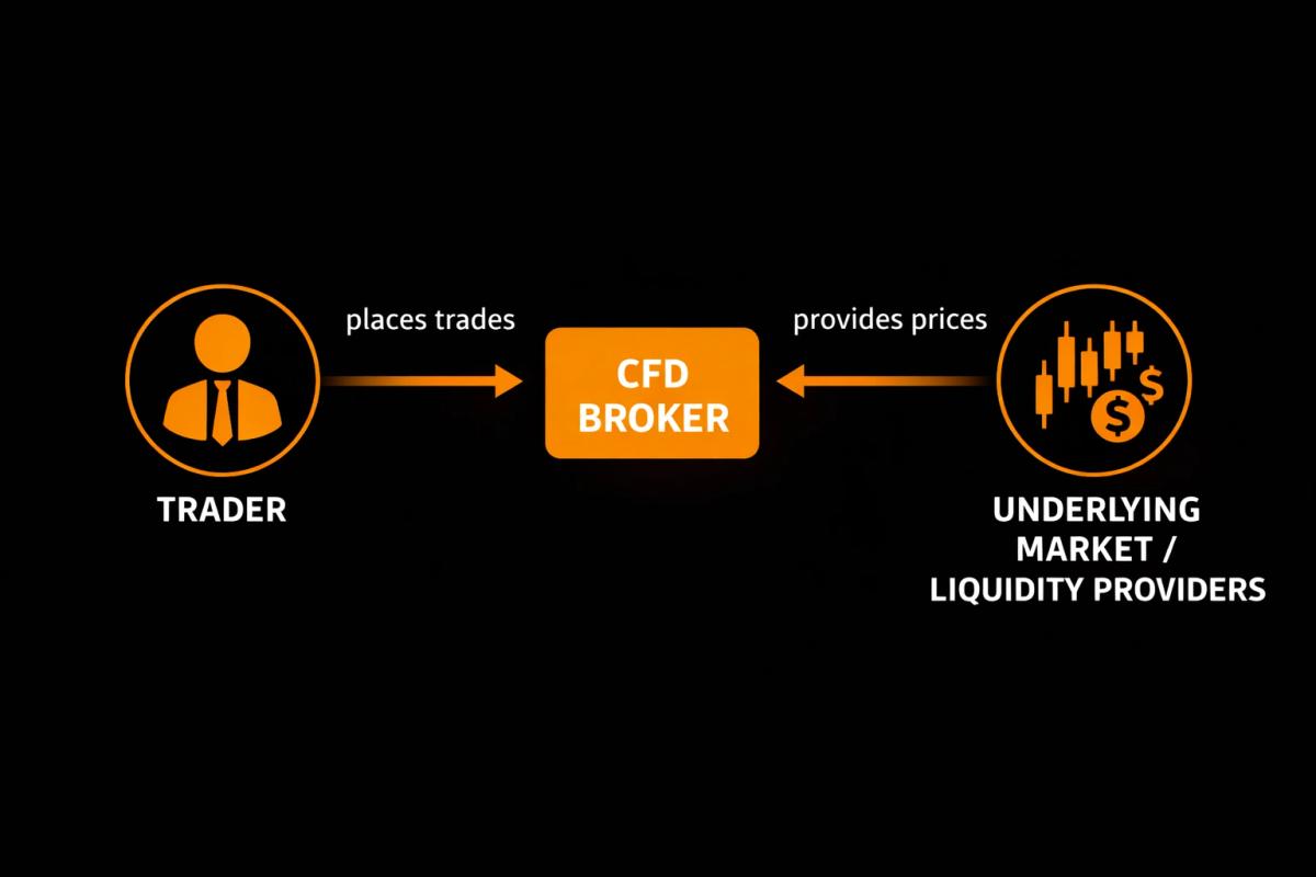Three-node diagram showing order flow between a trader CFD broker and underlying market liquidity providers