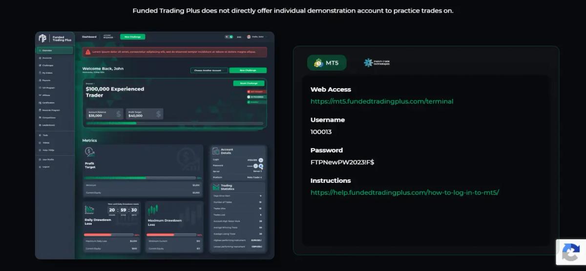 Screenshot of the platform selection page or a trading platform interface (MT5 or cTrader) within the Funded Trading Plus dashboard
