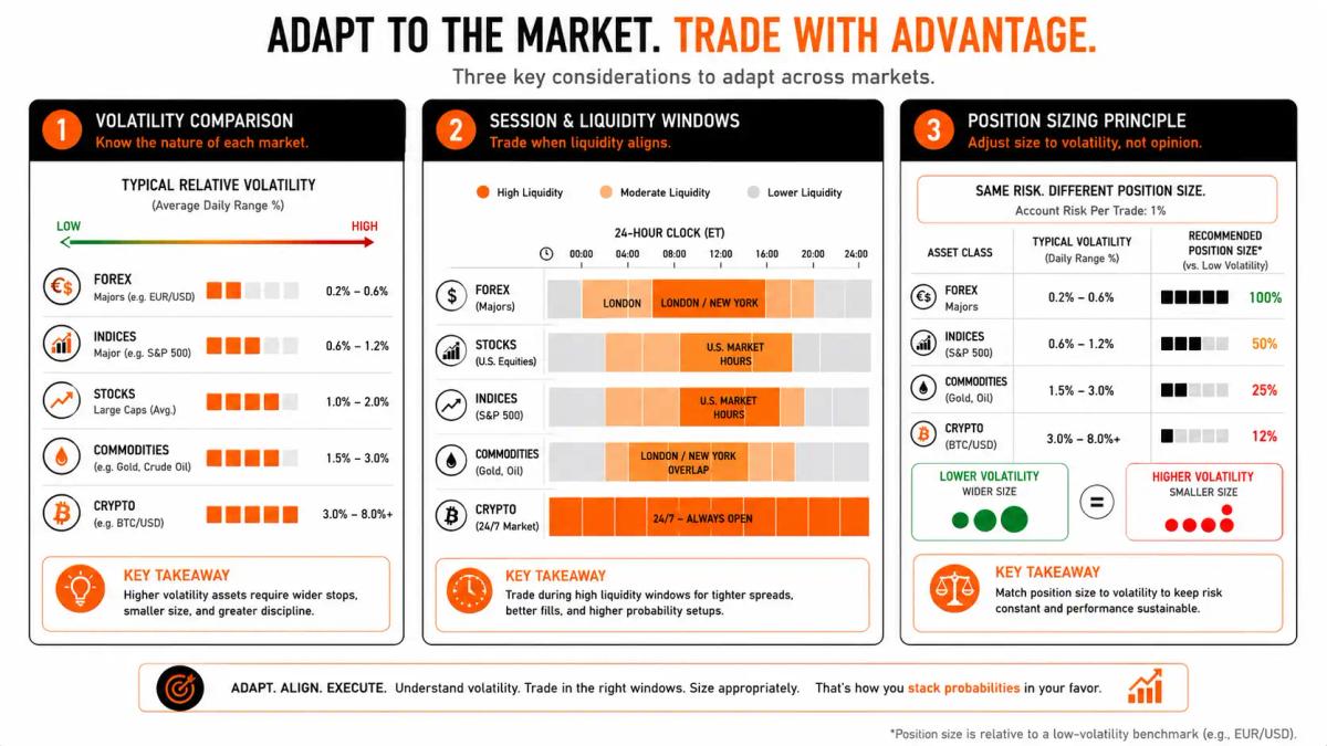 Three-panel infographic covering volatility comparison across assets, session and liquidity windows, and position sizing adjustments