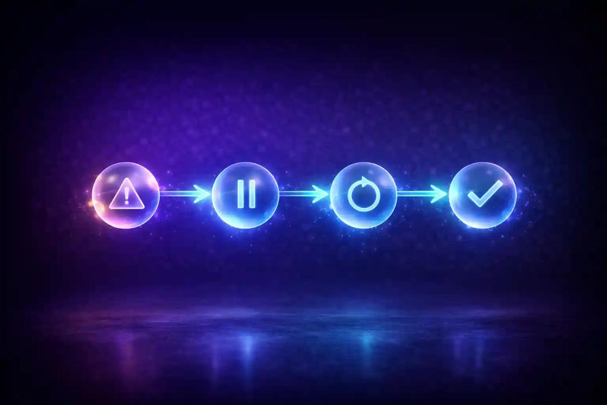 Secuencia de cuatro nodos esféricos translúcidos conectados por líneas de luz cian, sobre fondo azul-púrpura