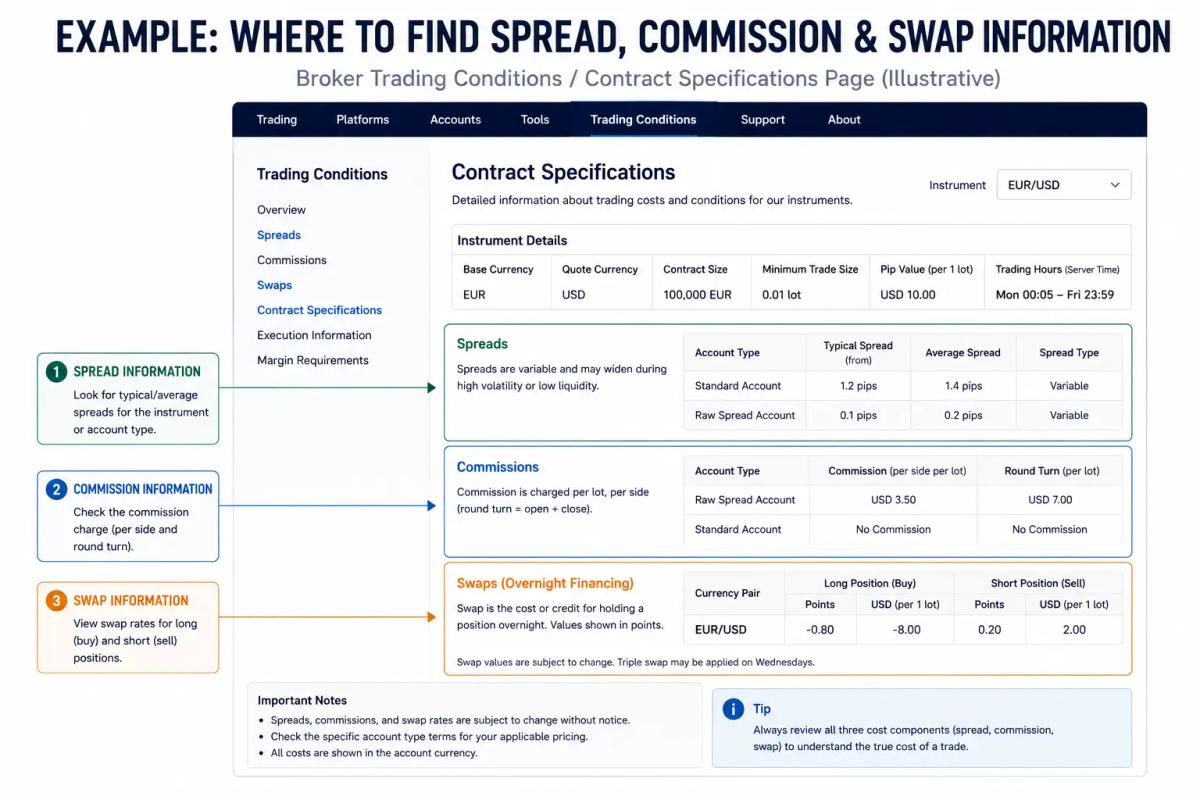 Annotated example of a broker trading conditions page showing where to find spread commission and swap fees