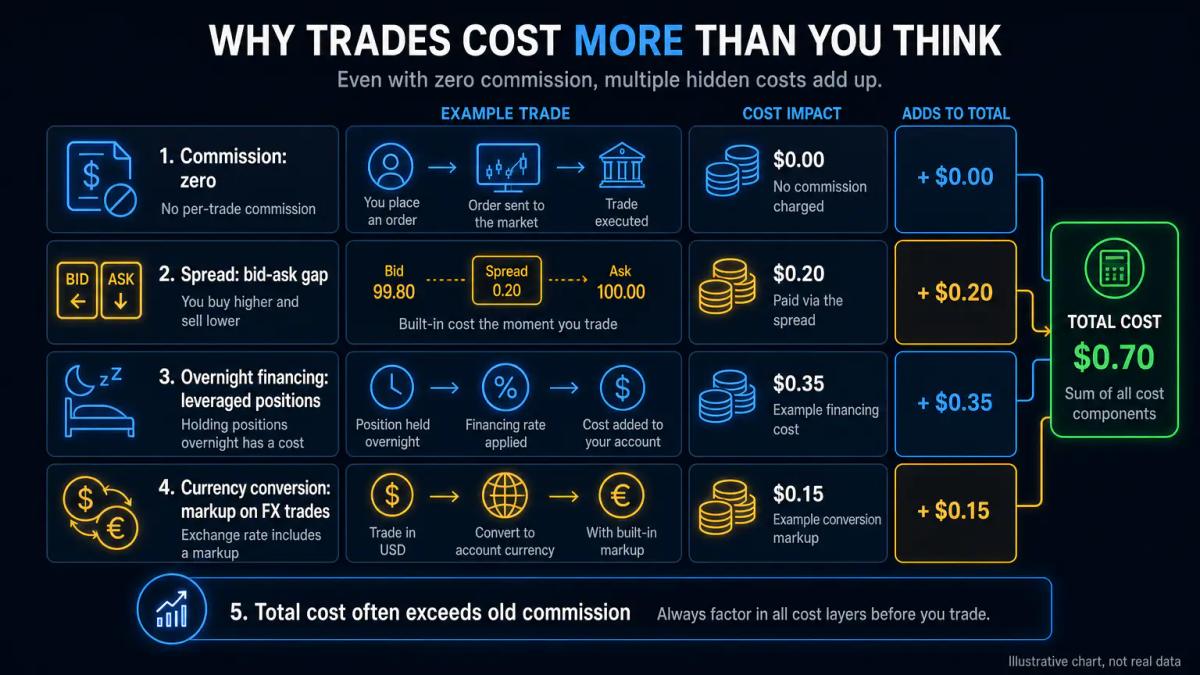 Breakdown of trading costs showing commission, spread, overnight financing and currency conversion as separate line items