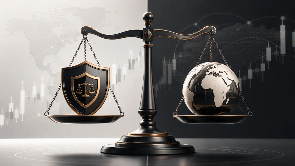 Illustration of a balance scale weighing regulatory protection against offshore broker access in forex trading