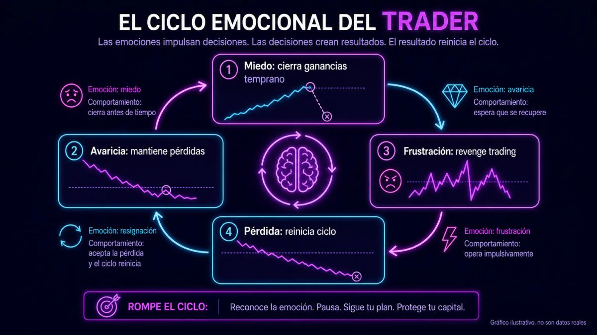 Ciclo de emociones en trading: miedo cierra ganancias temprano, avaricia mantiene pérdidas, revenge trading repite errores