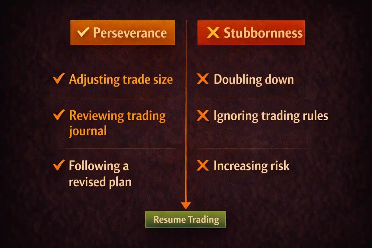 Visual comparison of perseverance versus stubbornness in trading, showing adaptive behaviors alongside maladaptive behavior