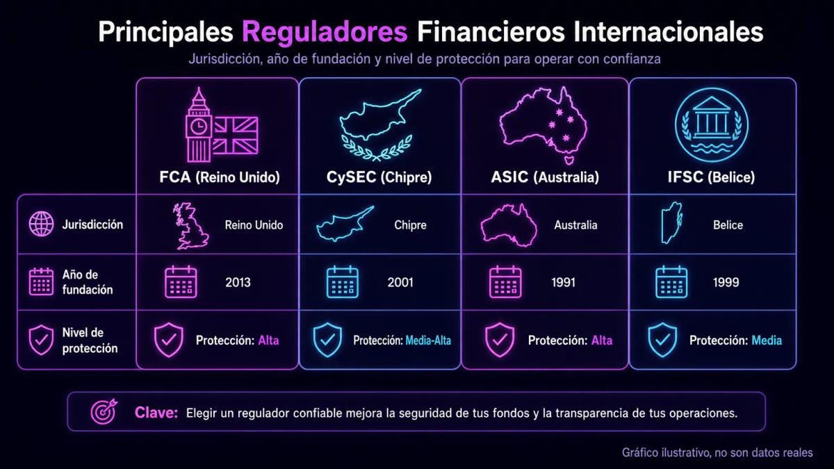 Tabla comparativa de reguladores internacionales: FCA, CySEC, ASIC, IFSC con jurisdicciones y características
