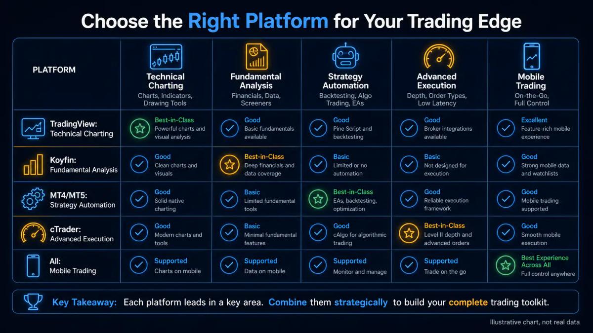 Comparison matrix of five charting platforms showing their core strengths across technical analysis, fundamental data, order 