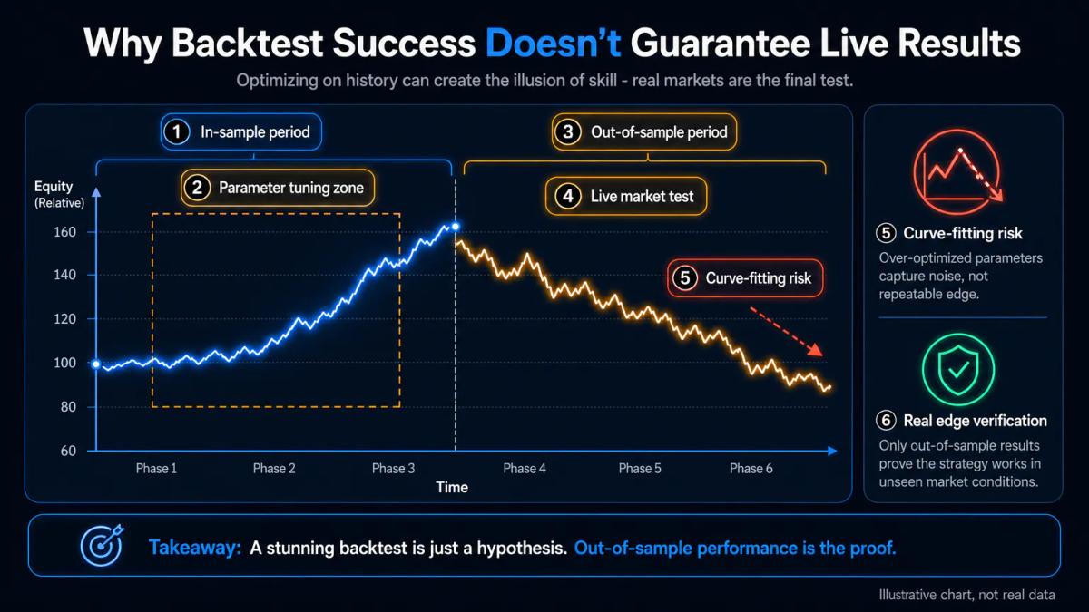 Editorial chart comparing in-sample and out-of-sample backtesting blocks on a price chart with equity curves diverging