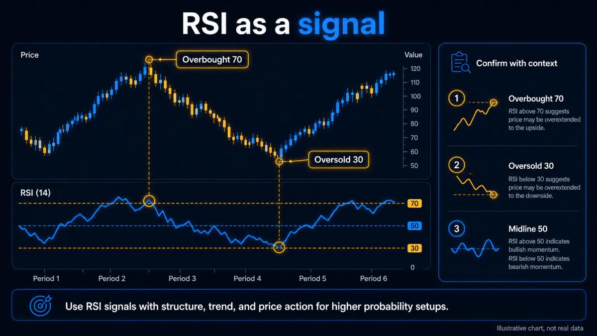 Illustrative chart of the RSI (14) used as a signal, with the overbought and oversold zones marked