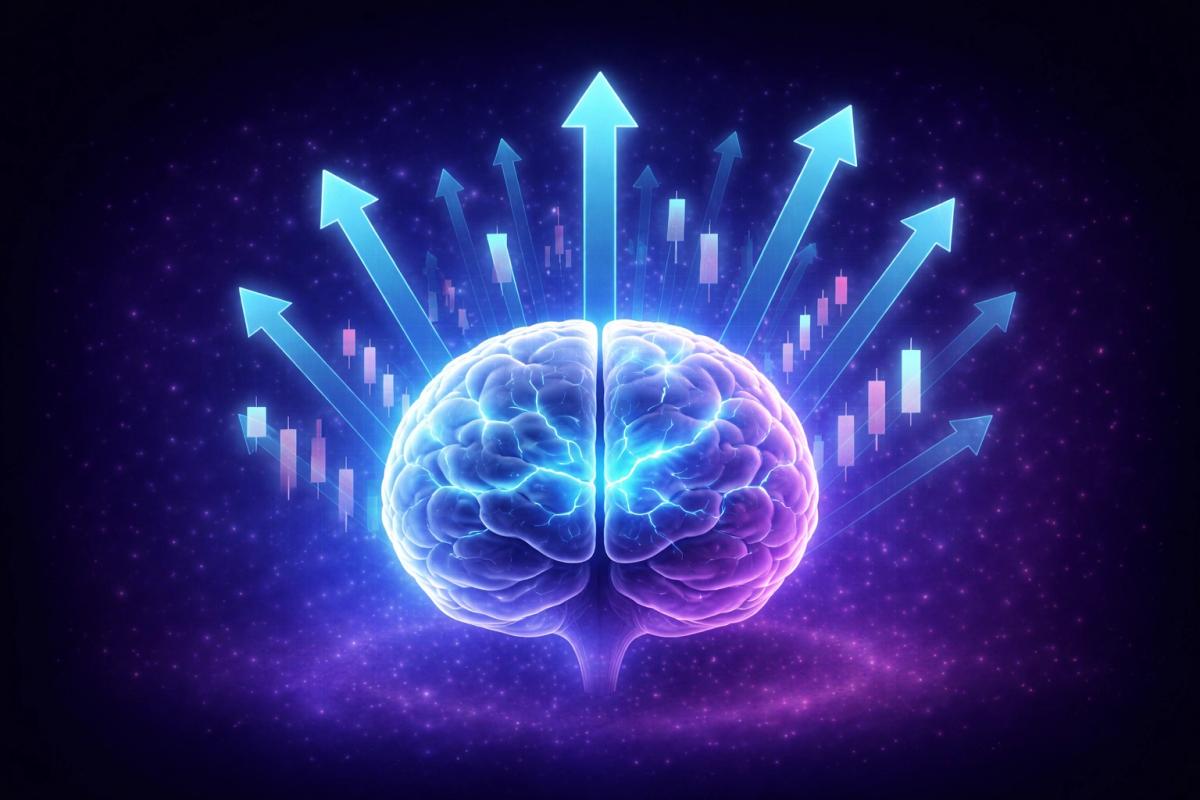 Cerebro estilizado en vidrio translúcido con fracturas iluminadas en azul eléctrico, rodeado de flechas ascendentes en cian que simbolizan oportunidades que se escapan