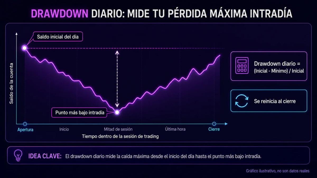 Gráfico editorial mostrando saldo inicial del día, caída intradía y punto más bajo con anotaciones de cálculo