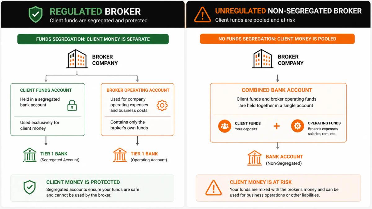 Two-column comparison showing segregated client funds at a regulated broker versus pooled funds at an unregulated broker