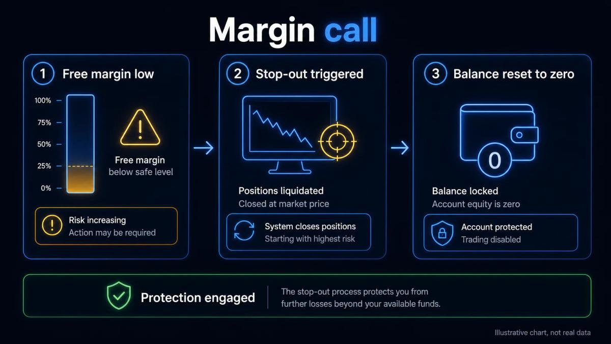 Sequence of account states showing margin call, stop-out liquidation, and balance reset to zero