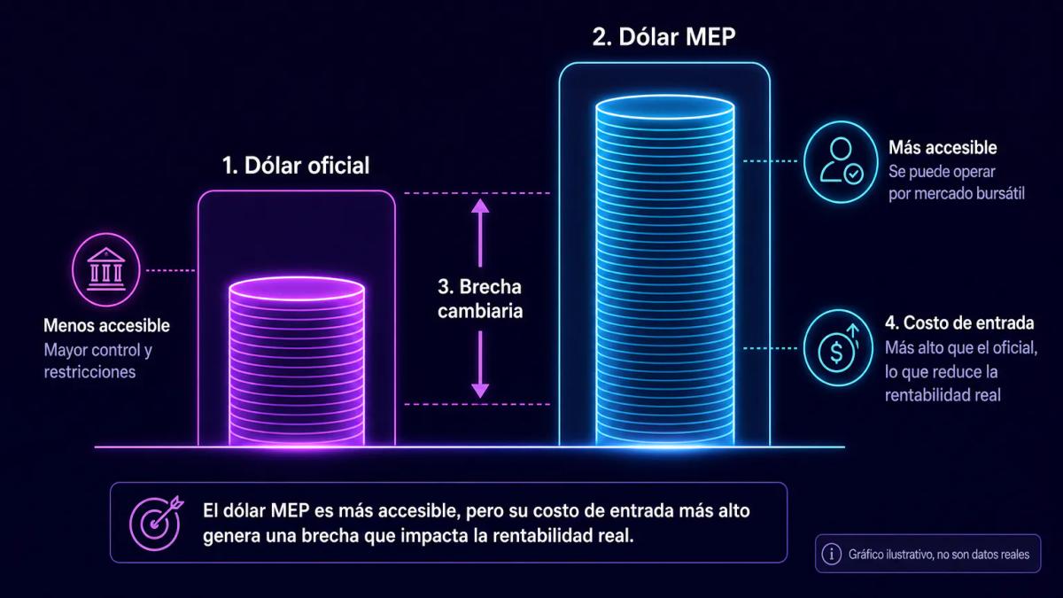 Comparativa de dos tipos de cambio: dólar oficial más bajo versus MEP más alto, con brecha visible