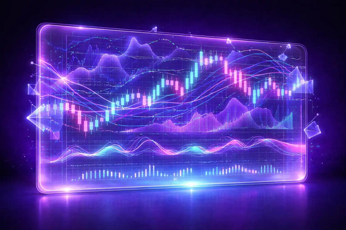 Pantalla de trading con exceso de indicadores técnicos superpuestos en cristal traslúcido