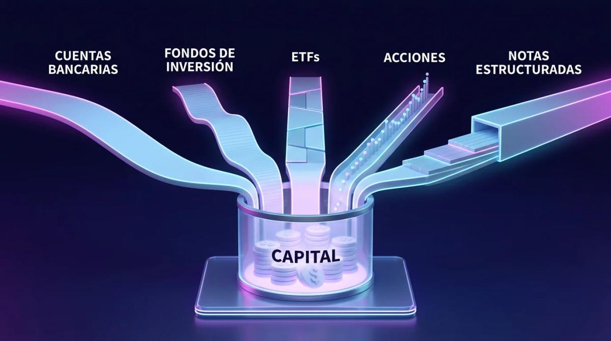 Cinco canales de flujo que representan cuentas bancarias, fondos, ETFs, acciones y notas estructuradas convergiendo en un dep