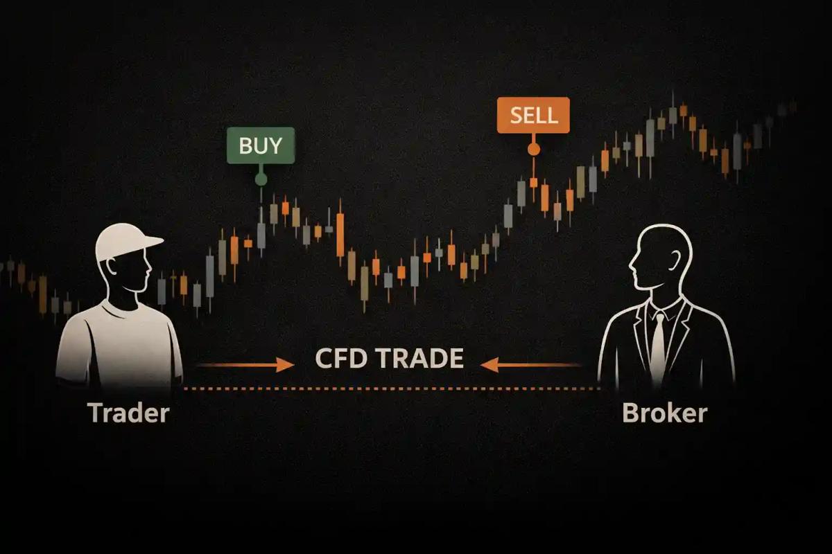 Illustration of a CFD trade showing a trader and broker connected by a price chart with buy and sell arrows