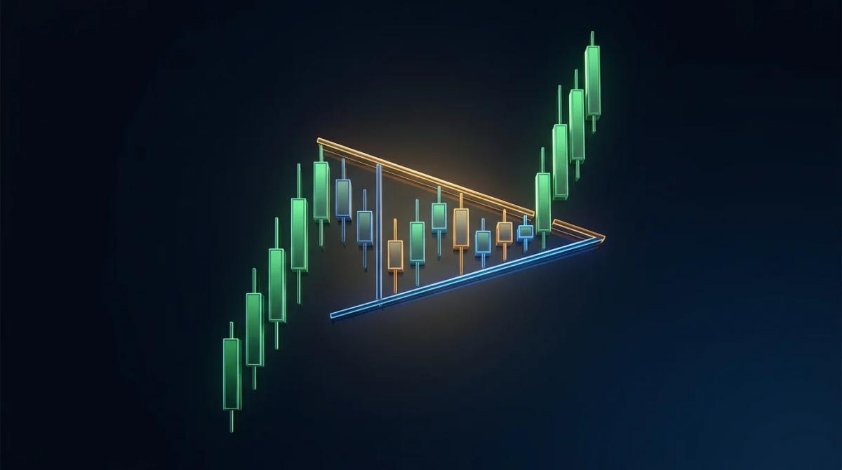 Pennant pattern anatomy with flagpole, consolidation triangle, and breakout labeled (Illustrative example · synthetic data, not real prices)