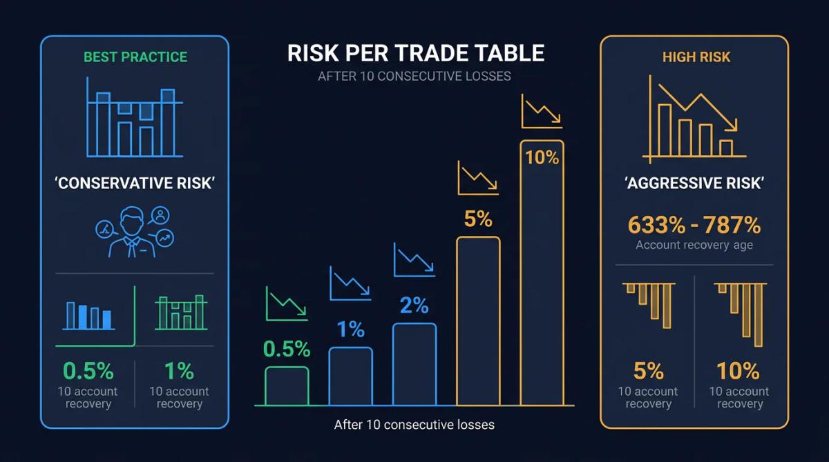 Bar chart comparing account equity after 10 consecutive losses at different risk percentages