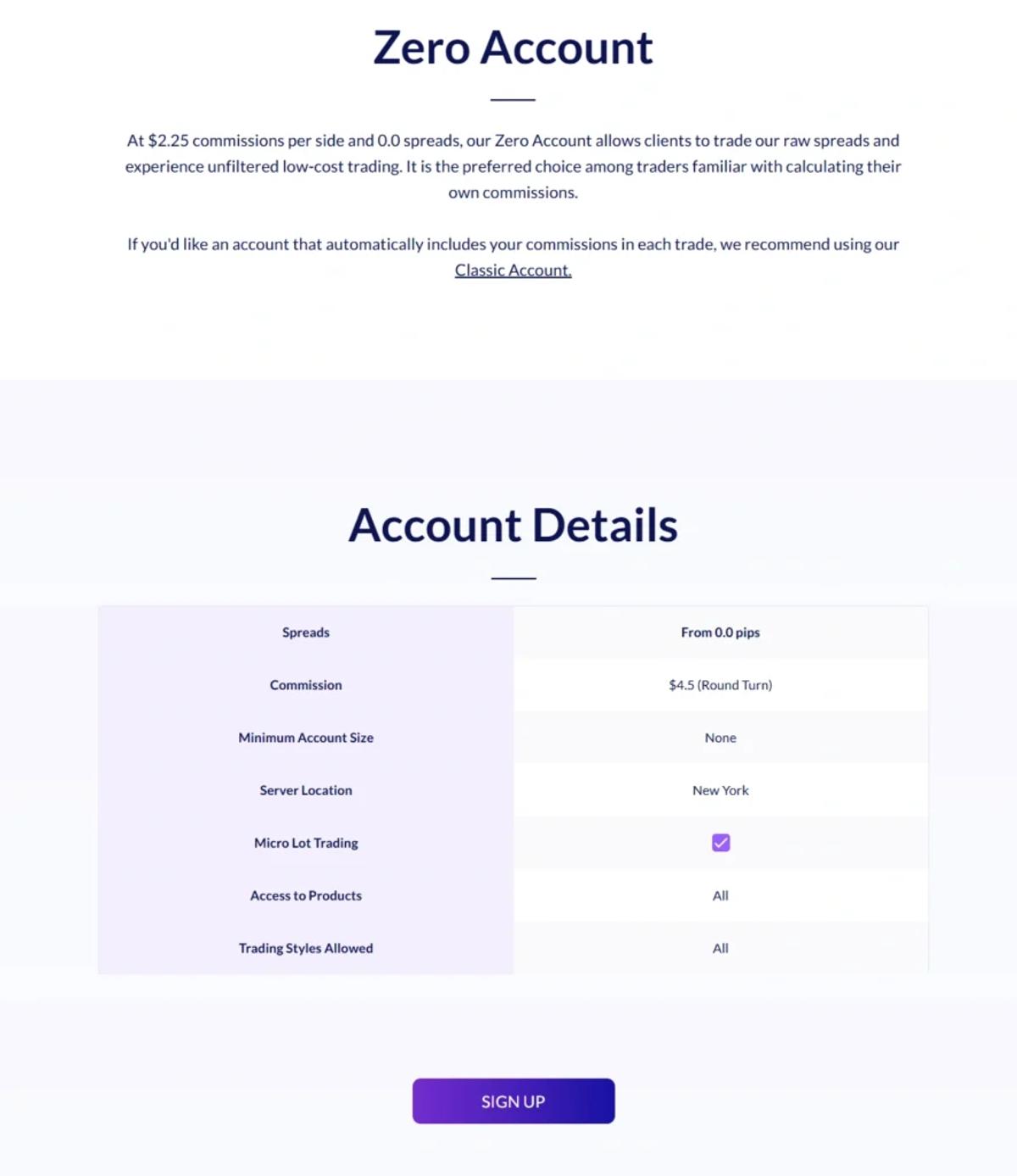 Fusion Markets Zero Account and Classic Account comparison showing fees and spreads