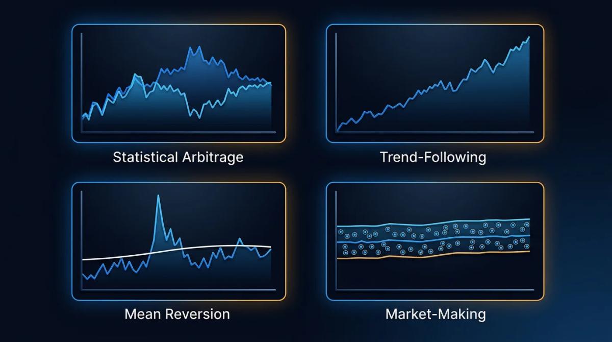 Four trading strategy mechanics shown as distinct price patterns: statistical arbitrage convergence, trend-following momentum