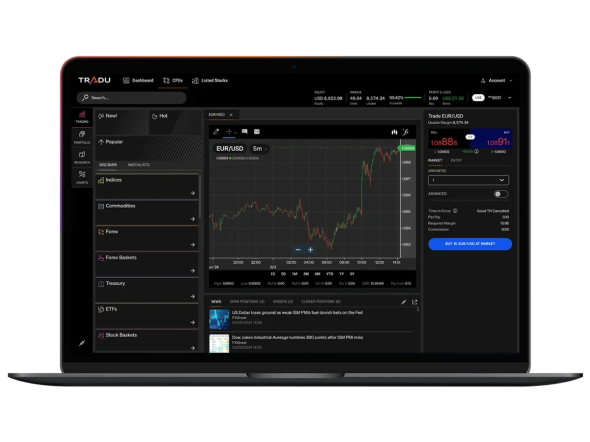 Tradu web trading platform interface showing EUR_USD chart and trading tools