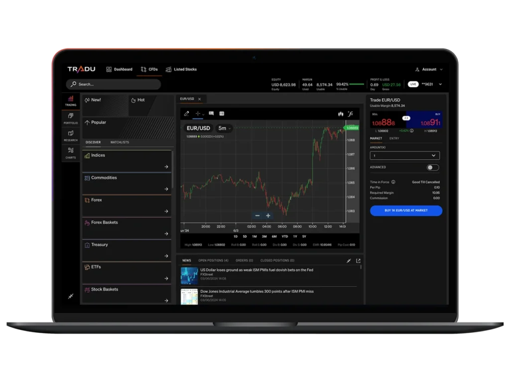Tradu web trading platform interface showing EUR_USD chart and trading tools