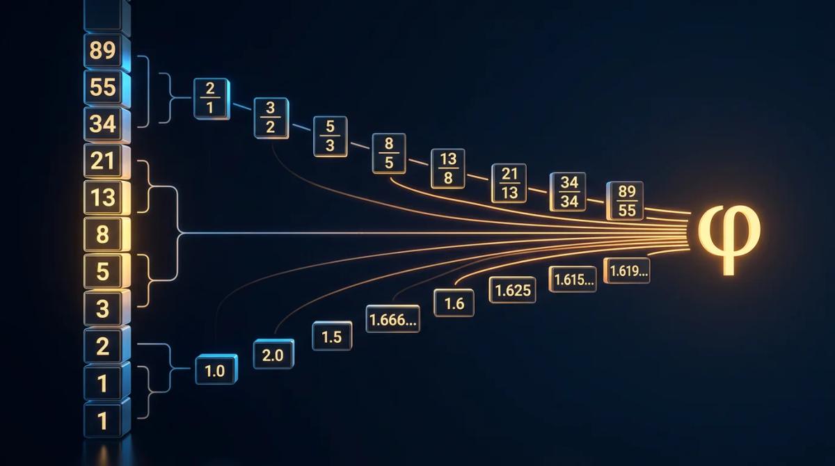 Fibonacci sequence numbers arranged vertically showing ratios between consecutive terms