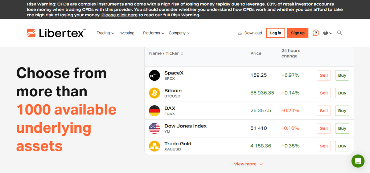 Libertex markets overview with categories for forex, stocks, indices and commodities