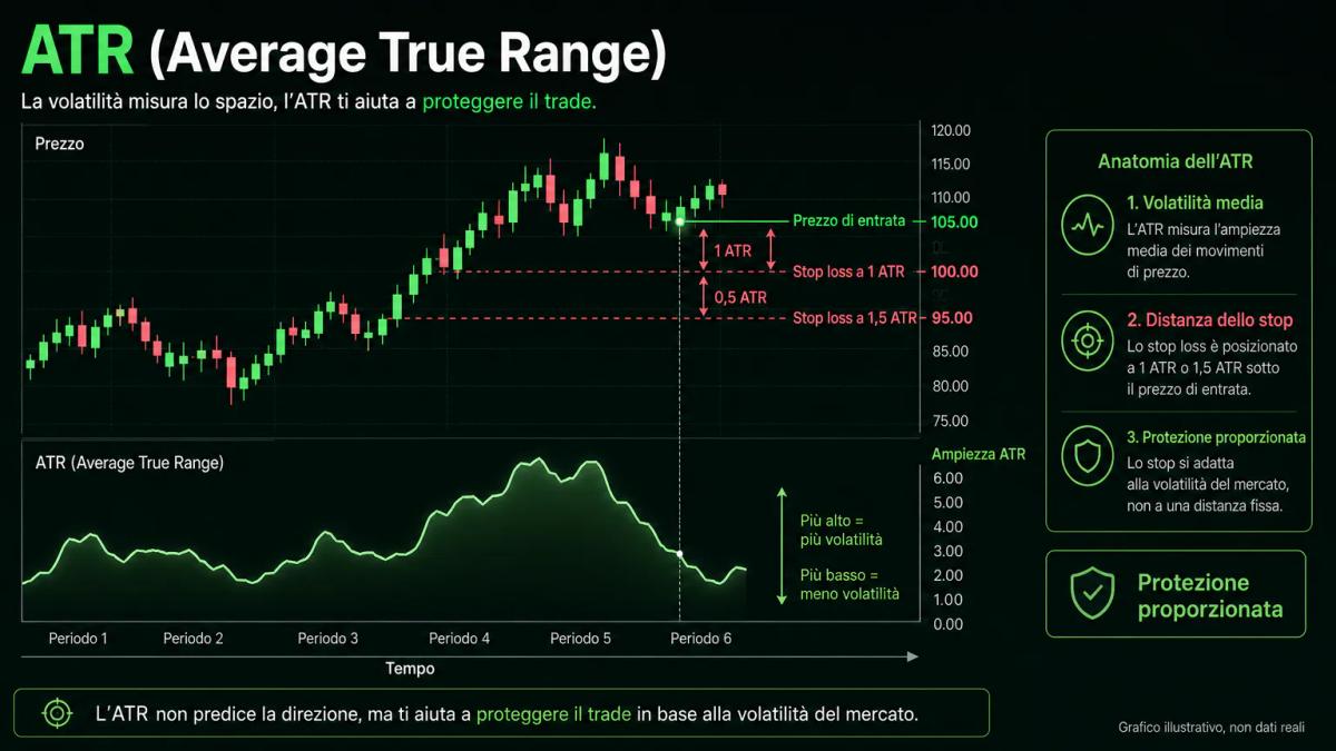 Grafico editoriale con candele, linea ATR e stop loss posizionato a multipli dell'ATR