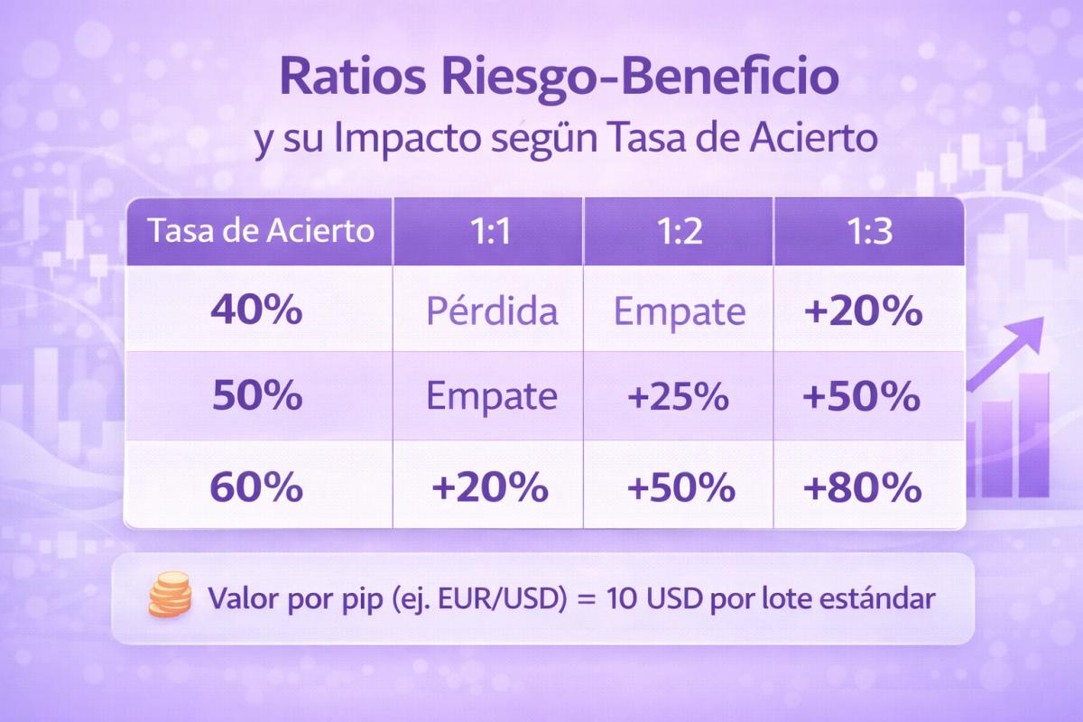 Tabla comparativa de ratios riesgo-beneficio (1:1, 1:2, 1:3) cruzados con distintas tasas de acierto