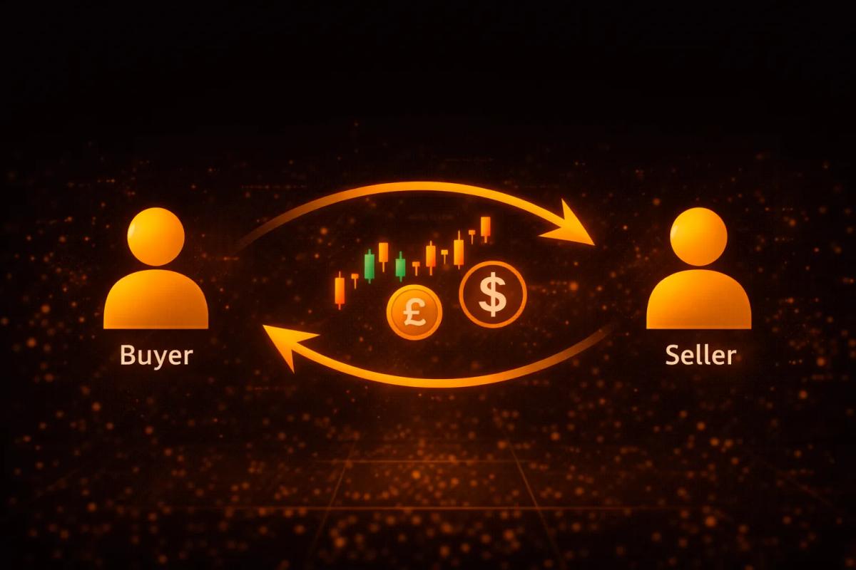 Illustration showing the basic concept of trading with buyer and seller icons exchanging assets through directional arrows
