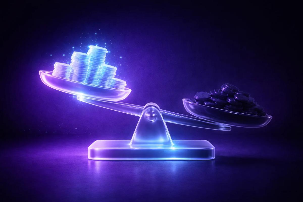 Balanza 3D desequilibrada con ganancias visibles iluminadas y pérdidas en sombra