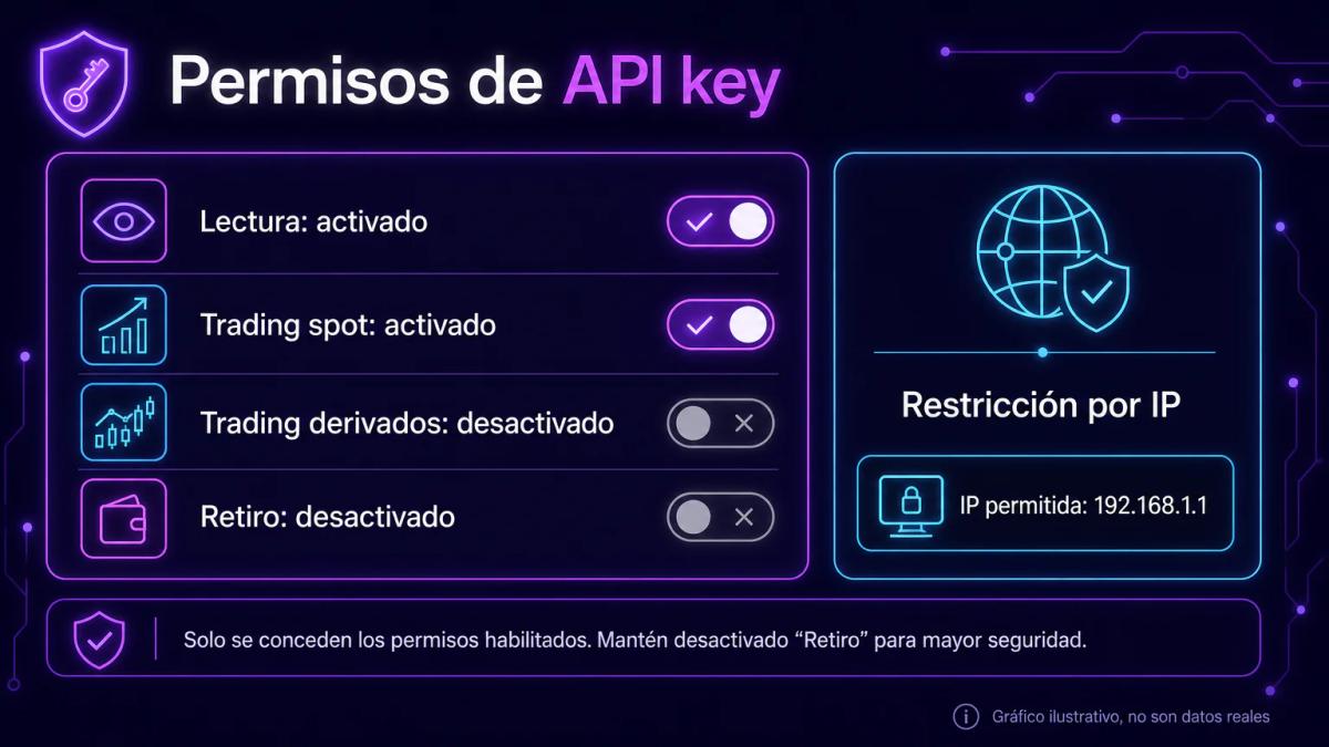 Configuración de permisos granulares en una API key: lectura, trading spot, derivados, sin retiro
