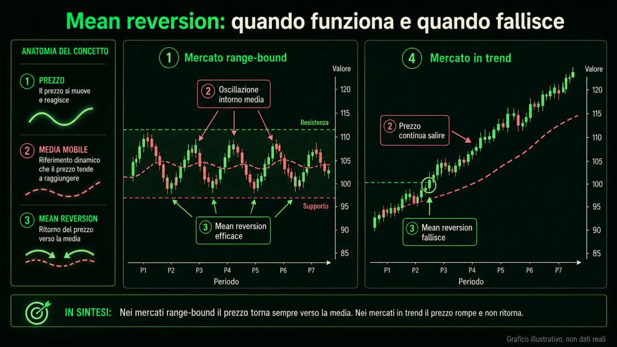 Confronto visivo tra mercato range-bound con oscillazioni laterali e mercato in trend con movimento direzionale continuo