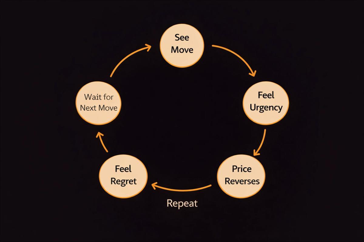 FOMO self-diagnosis checklist flowchart with yes-no decision points for evaluating trade entries