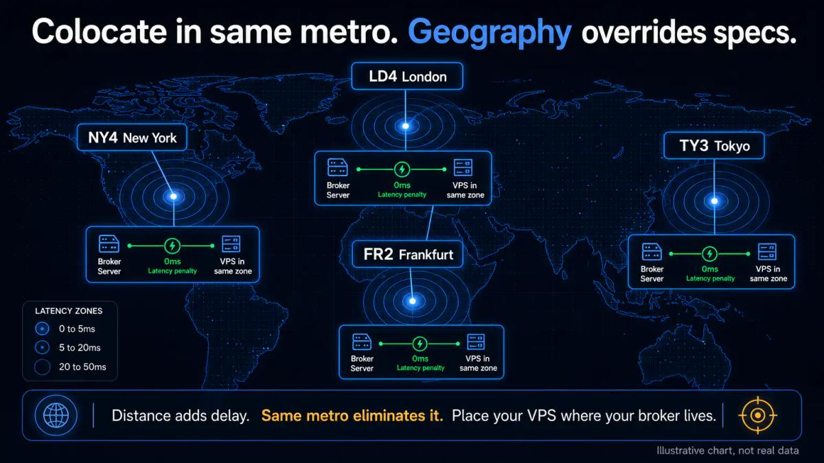 World map with four data centre hubs marked: London LD4, New York NY4, Tokyo TY3, Frankfurt FR2, with latency distance lines