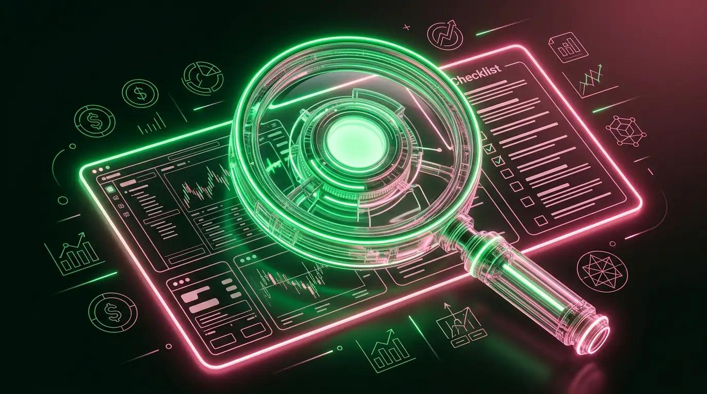 Lente d'ingrandimento al neon che esamina piattaforme di trading e una checklist per la scelta del broker