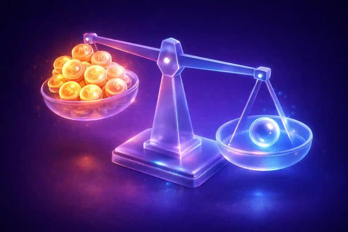 Balanza 3D que representa el desequilibrio entre costos acumulados y capital disponible