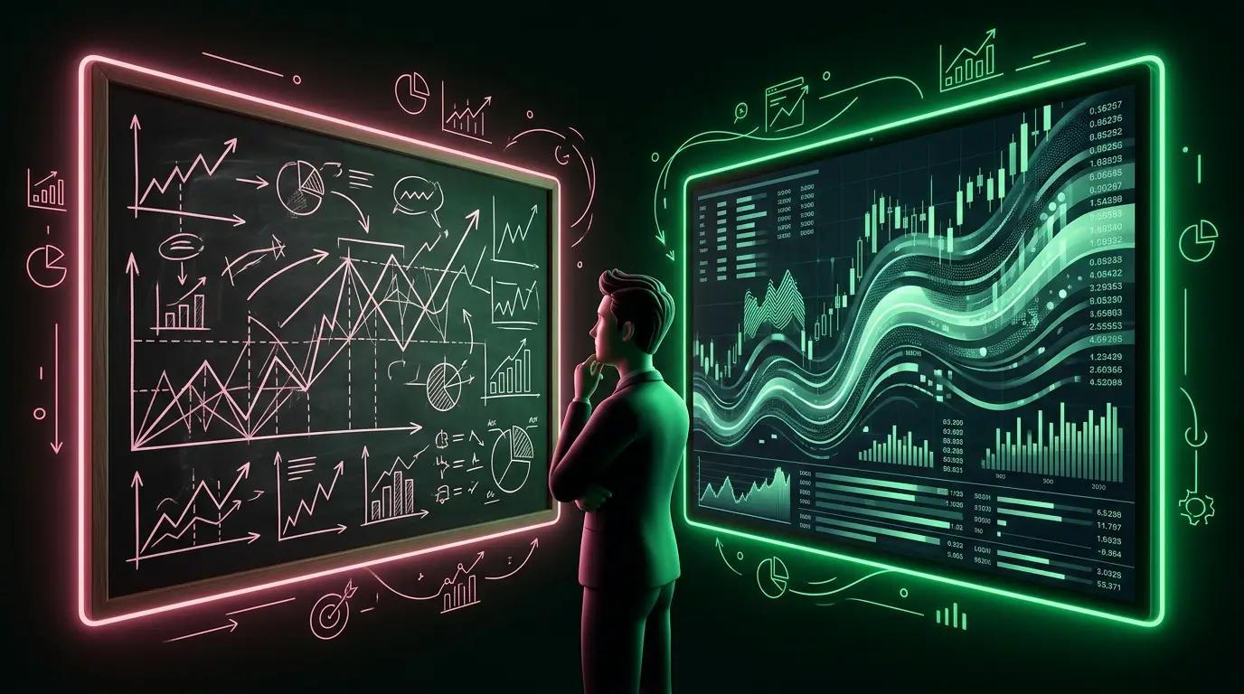 Trader che confronta due schermi: uno mostra un segnale manuale annotato, l'altro un algoritmo che genera segnali automatici 