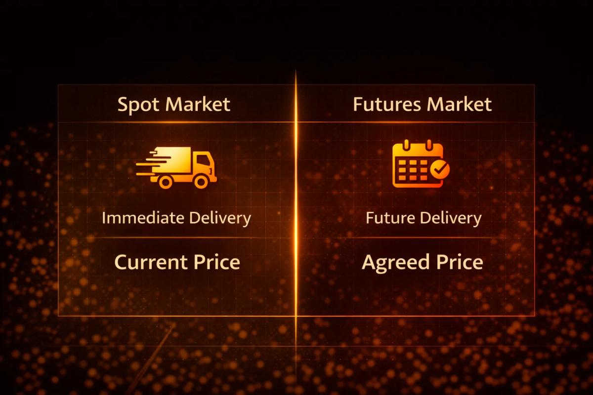 Diagram comparing spot market immediate delivery at current price versus futures market future delivery at agreed price