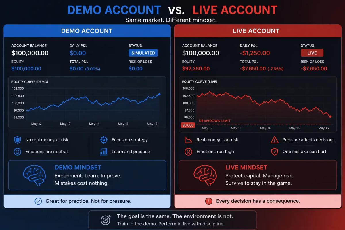 Demo account versus live trading account comparison showing real money P&L