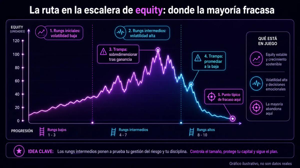 Gráfico de equity mostrando volatilidad creciente en rungs superiores con anotaciones de comportamientos de riesgo