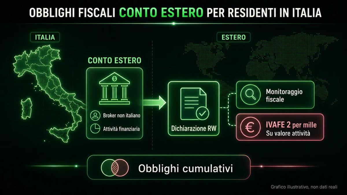 Mappa geografica che mostra un conto presso broker estero con frecce verso il quadro RW e l'IVAFE al 2 per mille