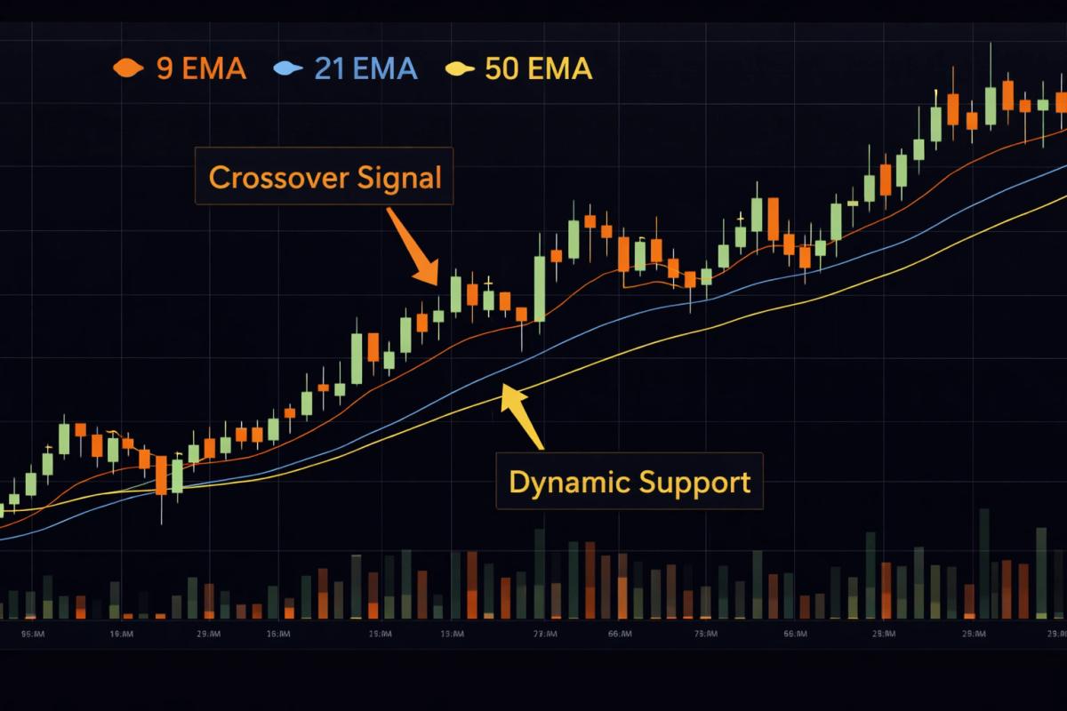 Candlestick chart with 9 EMA 21 EMA and 50 EMA showing crossover signals and dynamic support levels