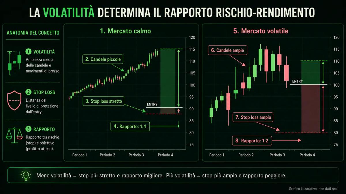 Grafico editoriale che confronta stop loss stretto in mercato calmo e stop loss ampio in mercato volatile