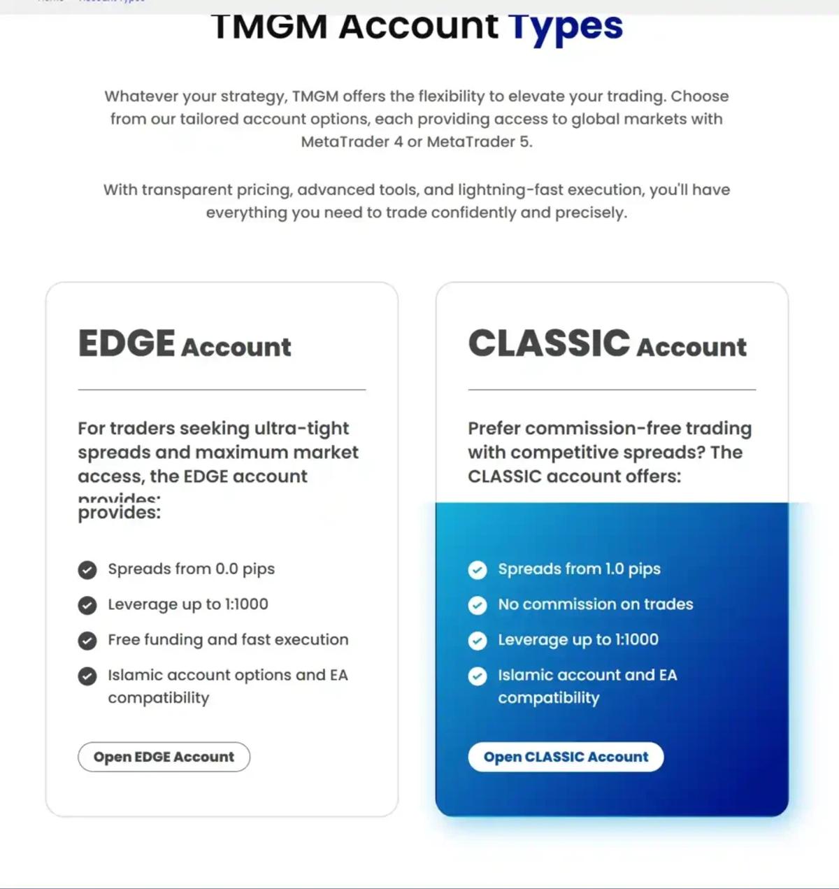 TMGM Edge and Classic account comparison showing spreads and commission structure